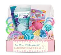 Hug in a Box Pamper Gift for Teenage Girls with Mermaid Bath Dust, Rainbow Bath Bomb, Squishy Toys, Lip Balm, Spiral Hair Ties, Claw Clip, and Blue Rose Flower - Kids Spa Set