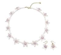 Hug & Love Daisy Flower with Hot Pink Pearls Choker Necklace and Earrings Set for Women, Fashion Statement Floral Collar Short Necklace, Summer Beach Chokers, Pearl, Pearl