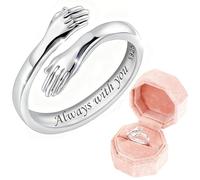 Hug Ring with Velvet Ring Box, Adjustable Hug Rings for Women Girls, 925 Sterling Silver Open Friendship Rings to Daughter Granddaughter Hand Ring for Valentine Mother's Day (Silver Ring+Pink Box)