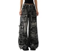 Hugboom Baggy Cargo Pants for Men Women Wide Leg Jeans Y2k Hip Hop High Waisted Pants Casual Streetwear Grunge Clothes Black, 2-black, Medium