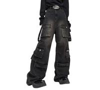 Hugboom Baggy Cargo Pants for Men Women Wide Leg Jeans Y2k Hip Hop High Waisted Pants Casual Streetwear Grunge Clothes Black, Black, Large