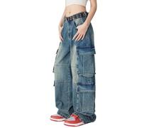Hugboom Baggy Cargo Pants for Men Women Wide Leg Jeans Y2k Hip Hop High Waisted Pants Casual Streetwear Grunge Clothes Black, 3-blue, XL