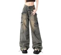 Hugboom Baggy Cargo Pants for Women Girls Wide Leg Jeans Y2k Hip Hop Streetwear Low Rise Oversized Jeans Grunge Clothes Blue, Blue, M