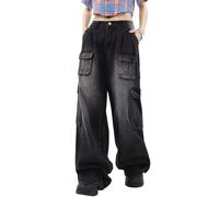 Hugboom Baggy Cargo Pants for Women Girls Wide Leg Jeans Y2k Hip Hop Streetwear Low Rise Oversized Jeans Grunge Clothes Blue, Black1, Large