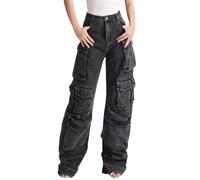 Hugboom Baggy Cargo Pants for Women Girls Wide Leg Jeans Y2k Hip Hop Streetwear Low Rise Oversized Jeans Grunge Clothes Blue, Black2, XL