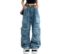 Hugboom Baggy Cargo Pants for Women Girls Wide Leg Jeans Y2k Hip Hop Streetwear Low Rise Oversized Jeans Grunge Clothes Blue, Blue2, XS