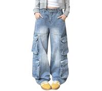 Hugboom Baggy Cargo Pants for Women Girls Wide Leg Jeans Y2k Hip Hop Streetwear Low Rise Oversized Jeans Grunge Clothes Blue, Blue3, S