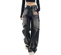 Hugboom Baggy Cargo Pants for Women Girls Wide Leg Jeans Y2k Hip Hop Streetwear Low Rise Oversized Jeans Grunge Clothes Blue, Black4, M