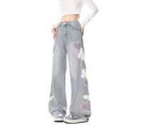 Hugboom Baggy Jeans Y2k for Women Teen Girls Heart Butterfly Graphic Pants High Waisted Streetwear Cute Clothing Blue, Blue, Large