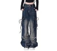 Hugboom Baggy Pants for Women Girls Cute Jeans Y2k Pants Star Straight Leg Streetwear Clothing, 1#blue, S