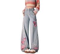 Hugboom Baggy Pants for Women Girls Cute Jeans Y2k Pants Star Straight Leg Streetwear Clothing, B-blue, M