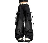 Hugboom Baggy Pants for Women Girls Cute Jeans Y2k Pants Star Straight Leg Streetwear Clothing, Black, M