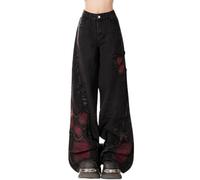 Hugboom Baggy Pants for Women Girls Cute Jeans Y2k Pants Star Straight Leg Streetwear Clothing, F/Black, S