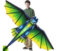 Huge 3D Dragon Kite for Children and Adults, Green Dinosaur Kite with 328ft String and Bag, Easy to Fly for Beach Trip Outdoor Family Activities Party Games