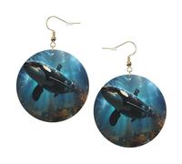 Huge killer whales Round Leather Earrings Gold, Double-Side Printed Drop Dangle Jewelry for Women, for Festival Party Gift