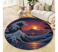 Huge Waves In The Sea Round Rugs, Washable Non-Slip Rug Mixed Colors Round Area Rugs, Diameter 200 Cm Japanese Ukiyo-E Style, For Living Room Bedroom Hallway Study Coffee Table Bedside Rug