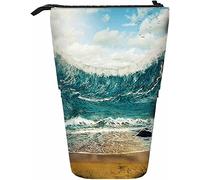 Huge Waves Surrounding Dry Sand Telescopic Pencil Stationery Case Pens Storage Box with Zipper Closure for Women Men Boys Girls Tsunami Wave Ocean Flood Sand Beach Disaster