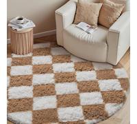 HUGEAR Fluffy Checkered Round Rug 120cm Brown and White Bedroom Circle Small Carpet Thick Shaggy Soft Area Rugs Kids Girl Room Decor Lounge Nursery Plush Carpets