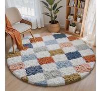 HUGEAR Fluffy Checkered Round Rug 120cm Multicolour Bedroom Circle Small Carpet Thick Shaggy Soft Area Rugs Kids Girl Room Decor Lounge Nursery Plush Carpets