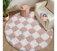HUGEAR Fluffy Checkered Round Rug 120cm Pink and White Bedroom Circle Small Carpet Thick Shaggy Soft Area Rugs Kids Girl Room Decor Lounge Nursery Plush Carpets