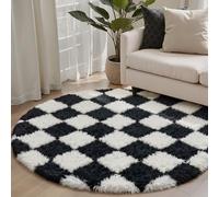 HUGEAR Fluffy Checkered Round Rug 150cm Black and White Bedroom Circle Small Carpet Thick Shaggy Soft Area Rugs Kids Girl Room Decor Lounge Nursery Plush Carpets