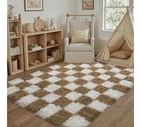 HUGEAR Fluffy Checkered Rugs Living Room Large Area Rug 140x200cm Brown and White Bedroom Shaggy Soft Thick Carpet Kids Girl Room Decor Lounge Nursery Plush Carpets