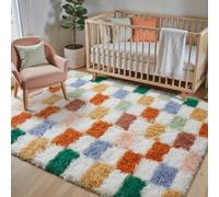 HUGEAR Fluffy Checkered Rugs Living Room Large Area Rug 140x200cm Multicolour and White Bedroom Shaggy Soft Thick Carpet Kids Girl Room Decor Lounge Nursery Plush Carpets