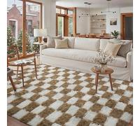 HUGEAR Fluffy Checkered Rugs Living Room Large Area Rug 160x230cm Brown and White Bedroom Shaggy Soft Thick Carpet Kids Girl Room Decor Lounge Nursery Plush Carpets