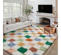HUGEAR Fluffy Checkered Rugs Living Room Large Area Rug 200x300cm Multicolour and White Bedroom Shaggy Soft Thick Carpet Kids Girl Room Decor Lounge Nursery Plush Carpets