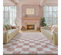 HUGEAR Fluffy Checkered Rugs Living Room Large Area Rug 200x300cm Pink and White Bedroom Shaggy Soft Thick Carpet Kids Girl Room Decor Lounge Nursery Plush Carpets