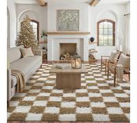 HUGEAR Fluffy Checkered Rugs Living Room Large Area Rug 240x300cm Brown and White Bedroom Shaggy Soft Thick Carpet Kids Girl Room Decor Lounge Nursery Plush Carpets