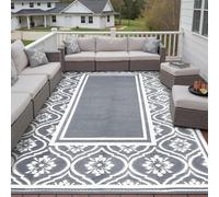 HUGEAR Outdoor Rug 9'x12' Patio Waterproof Mat Camping Carpet Outside Area Rug Reversible Grey Rugs for RV Deck Entryance Porch Picnic Balcony Beach