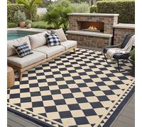 HUGEAR Outdoor Waterproof Rug 10'x14' Plastic Straw Rugs Washable Reversible Floor Mat Beige Plaid Carpet for Camping RV Deck Entryance Porch Picnic Balcony Beach Backyard