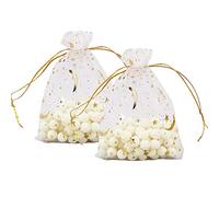 HugeDE 100 Pcs 9 x 12cm Moon Stars Organza Drawstring Bags Sheer Jewelry Pouches Wedding Party Favor Bags Candy Mesh Gift Bags for Christmas White Gold