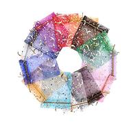 HugeDE 100 Pcs 9 x 12cm Moon Stars Organza Drawstring Bags Sheer Jewelry Pouches Wedding Party Favor Bags Multicolor