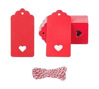 HugeDE 100 Pcs Kraft Paper Gift Tags Heart Label Tags Craft Hanging Labels Present Packaging Tags Blank Gift Bags Tags with String for Wedding Thanksgiving Christmas Red