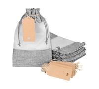 HugeDE 6 Pcs 6.1 x 9.85 Inches Linen Burlap Drawstring Pouches Large Party Favors Bags Wedding Treat Pouch Gifts Wrapping Bags with Sheer Window Cards Jute Ropes Gray
