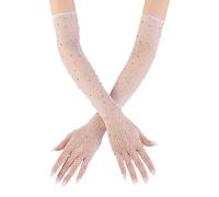 HugeDE Rhinestones Long Fishnet Gloves Sparkly Mesh Opera Gloves Glitter Elbow Length Gloves Halloween Party Cosplay Gloves for Women Girls White