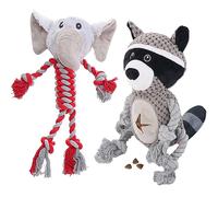 HUGEME Elephant Rope Dog Toy, Plush Raccoon Squeaky Dog Toy, 2 Pack | Stuffed Rope for Chew and Tug, Interactive Outdoor Indoor Play Keep Busy, Training Birthday Gift, For Small Medium Large Dogs