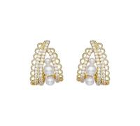 Huggie Pearl Hoop Earrings 925 Sterling Silver Post Pin Hypoallergenic Retro Lace Faux Pearls Dangle Studs Earring Boho Vintage Bridal Wedding Birthday Anniversary Jewelry for Women (Gold)