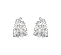 Huggie Pearl Hoop Earrings 925 Sterling Silver Post Pin Hypoallergenic Retro Lace Faux Pearls Dangle Studs Earring Boho Vintage Bridal Wedding Birthday Anniversary Jewelry for Women (Silver)