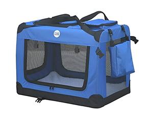 HugglePets Foldable Fabric Pet Crate Carrier - Blue (Extra Large 82cm) Lightweight & Ventilated Double Door Carrier for Dogs & Cats with Sheepskin Mat. Ideal for Home & Travel.