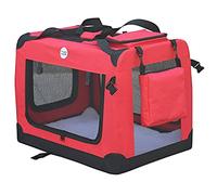 HugglePets Foldable Fabric Pet Crate Carrier - Red (Extra Large 82cm) Lightweight & Ventilated Double Door Carrier for Dogs & Cats with Sheepskin Mat. Ideal for Home & Travel.