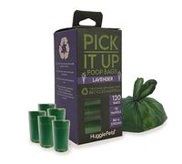HugglePets Large Tie Handle Dog Poo Bags Rolls - 8 x 15 Bags, Total 120. 'Pick It Up' Lavender Scented Dog Poop Bags Rolls 65% Recycled Green Pet Waste Holders