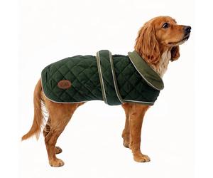 HugglePets Legacy Quilted Dog Coat | Khaki Green | Adjustable Belly Strap with Zipped Collar | Thermal Dog Coat with Harness Hole | Reflective Winter Adult and Puppy Jacket | Medium (40cm)