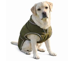 HugglePets Legacy Wax Dog Coat | Khaki Green | Adjustable Belly Strap with Zipped Collar | Thermal, Waterproof Dog Coat with Harness Hole | Reflective Winter Adult and Puppy Jacket | Large (50cm)