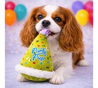 HugglePets Party Pup Hat Dog Toy with Colourful Hearts, Bones & Stars | Lime Green | Interactive Squeaky Plush Stimulating Puppy Play Toy | Special Milestones & Birthday Party Celebrations | 22cm