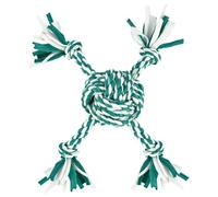 HugglePets Recycled T-Shirt Rope Dog Toy | Knotted Ball Tugger | Teal and White | Massages Gums and Cleans Teeth | 22cm | Interactive Tug of War Play | Puppy Chew, Throw, Fetch Tug Toys
