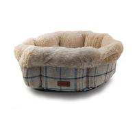 HugglePets Super Soft & Comfy Oval Donut Dog Bed - Chequered Stone - 50cm Machine Washable Recycled Plush Fibre Small Dog Bed with Woven Non-Slip Base.