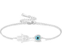 HUGGWRT Evil Eye Bracelet for Women Blue Evil Eye Charm Adjustable Link Stainless Steel Dainty Lucky Protection Jewelry Gift for Her Him, Silver Evil Eye Hamsa